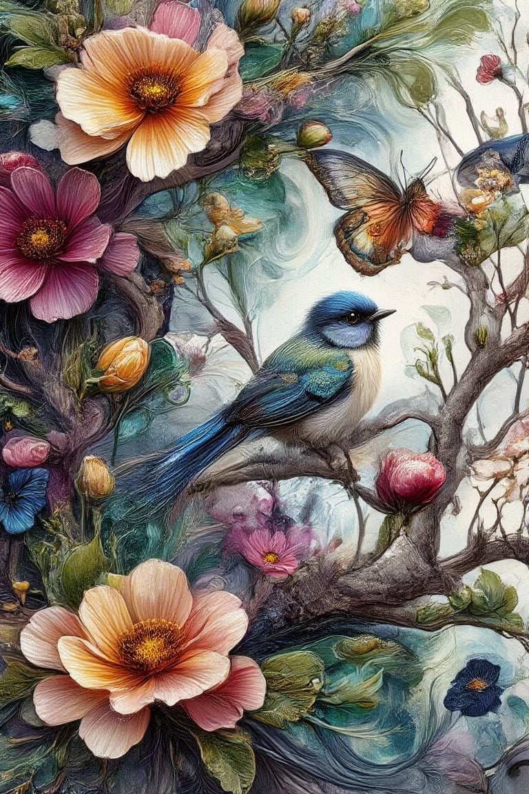 3D illustration, embossed, alcohol ink effect, a beautiful tiny bird perched on a tree branch with green leaves and flowers
with a vibrant beautiful embossed
background, flowers, butterflies, and alcohol ink effects , splash art, fine detail,intricate textures detailed matte painting.
deep color, fantastical, intricate detail, splash screen, complementary colors,
fantasy concept art,8k resolution,Alcohol Ink Kiko,Digital Illustration,Embossed 