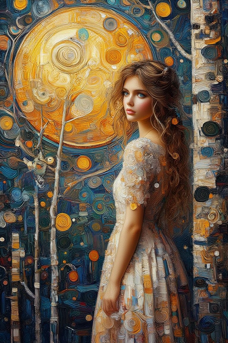 Impasto painting of a young girl, long wavy hair. white dress,giant golden moon, birch tree,thick textured
brushstrokes and palette knife, in the style of gustav Klimt's,Gustav,ImpastoKiko,Oil Painting Kiko