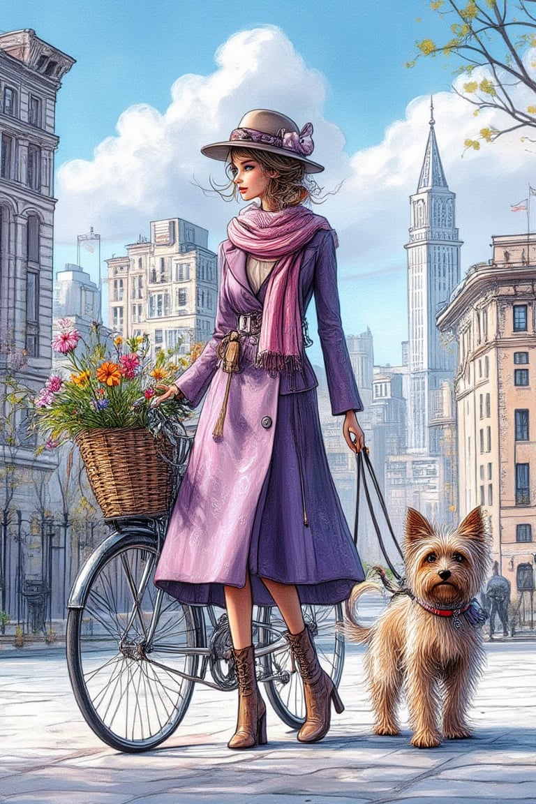 Generate a vibrant and whimsical digital illustration depicting a stylish woman walking her dog along a picturesque citystreet. She wears a wide-brimmed hat with
a bow, a long purple coat, a pink scarf, and leather high-heeled boots. She pushes a
bicycle adorned with a basket of vibrant flowers. The background showcases a scenic cityscape with tall buildings and a bright blu 
sky with fluffy clouds, evoking a sense of leisurely urban life. eyes, sweet smile  ,uhd,40s, 24K, 40s,Digital Illustration,Whimsical Kiko 