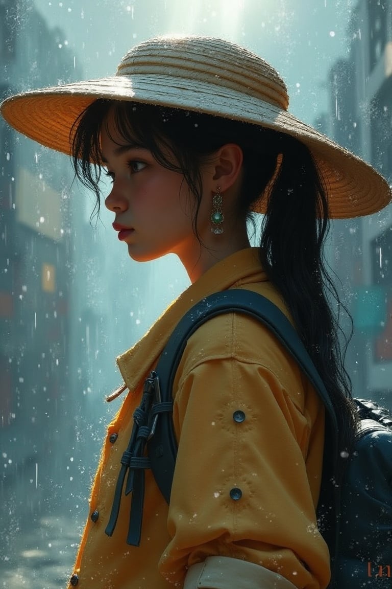 Watercolor wash ,4D,Portrait of an innocent looking young girl in a
rain-soaked, misty atmosphere, side profile
view, wearing a traditional wide-brimmed
straw hat ,dark sleek ponytail, contemplative
expression, detailed straw cloak with rain
droplets shimmering, a backpack, subtle
warm glow from her earring, soft diffused
lighting, moody and gloomy atmosphere
,cinematic, high detail, ultra-realistic, muted
colors with contrasting warm light, in the style
of digital painting, ethereal yet powerful,
dramatic rain and mist effects,Digital Illustration,WatercolorWash 