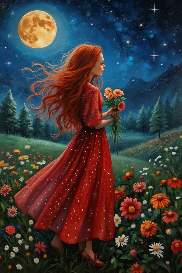 A beautiful Girl with long wind blown red wavy hair with a Red Dress  with tiny white polkadots pattern, shoes,Holding Flowers in a Magical Forest. Bg cosmic ,starry night sky with cresent moon,sparkling stars, in the style of monet, uhd,Oil In Canvas.Kiko,Night