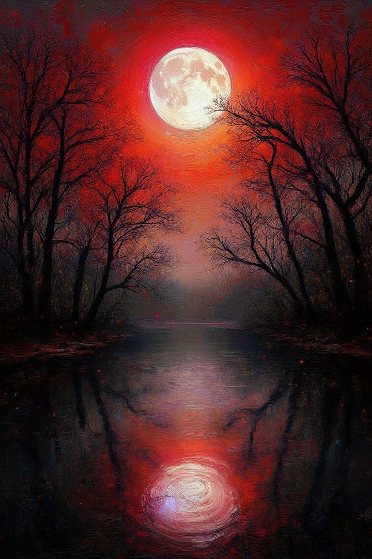 Create an acrylic oil painting of a serene landscape at night, featuring a large,luminous full moon hanging in the sky.The moon's light is casting a soft glow on the surroundings. Below, there is a tranquil body of water reflecting the moon's radiance. The scene is framed by
silhouetted trees with intricate branches devoid of leaves, suggesting late autumn
or winter. These trees are set against a gradient backdrop that transitions from deep red at the horizon to black at the top,
evoking a sense of mystery and quietude.The artwork should have be on a transparent background to
emphasize the stark contrast between the vibrant reds and the silhouettes,UHD,HDR,24K, 40s, hyper-realistic,   hyper detailed,ArcylicOil Painting 1,Oil Painting Kiko