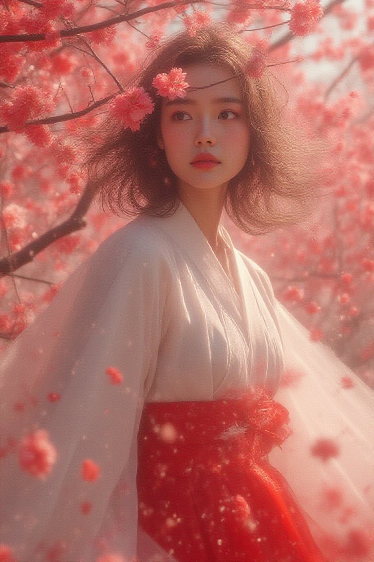 Classical Realism painting,
minimalist, adorable korean girl,she
wears  traditional korean hanbok  ,red cherry blossom
tree,windy,serene and calm,expression
shot,retrowave,master shot,dreamy,blurry  UHD HDR ,24K, 40s