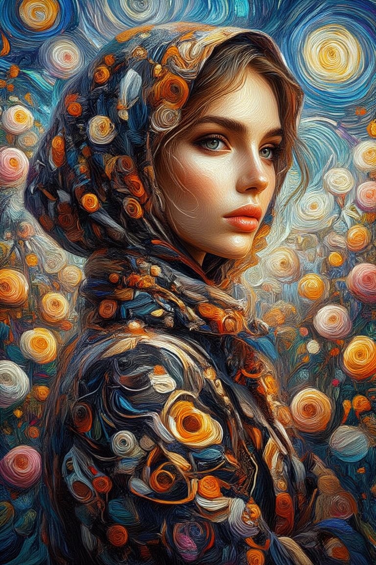 An oil painting illustration  featuring a stunning young lady elegantly draped in a variety headscarf wrap with tiny floral pattern showcasing a modern and sophisticated design. Her attire blends contemporary fashion in black and bright orange color with timeless grace, highlighting her refined style and presence. bg a garden of white and pink roses with blue sky rendered in the style of van Gogh's artwork .setting natural lighting,UHD,VanGogh,Gustav,Oil Painting Kiko