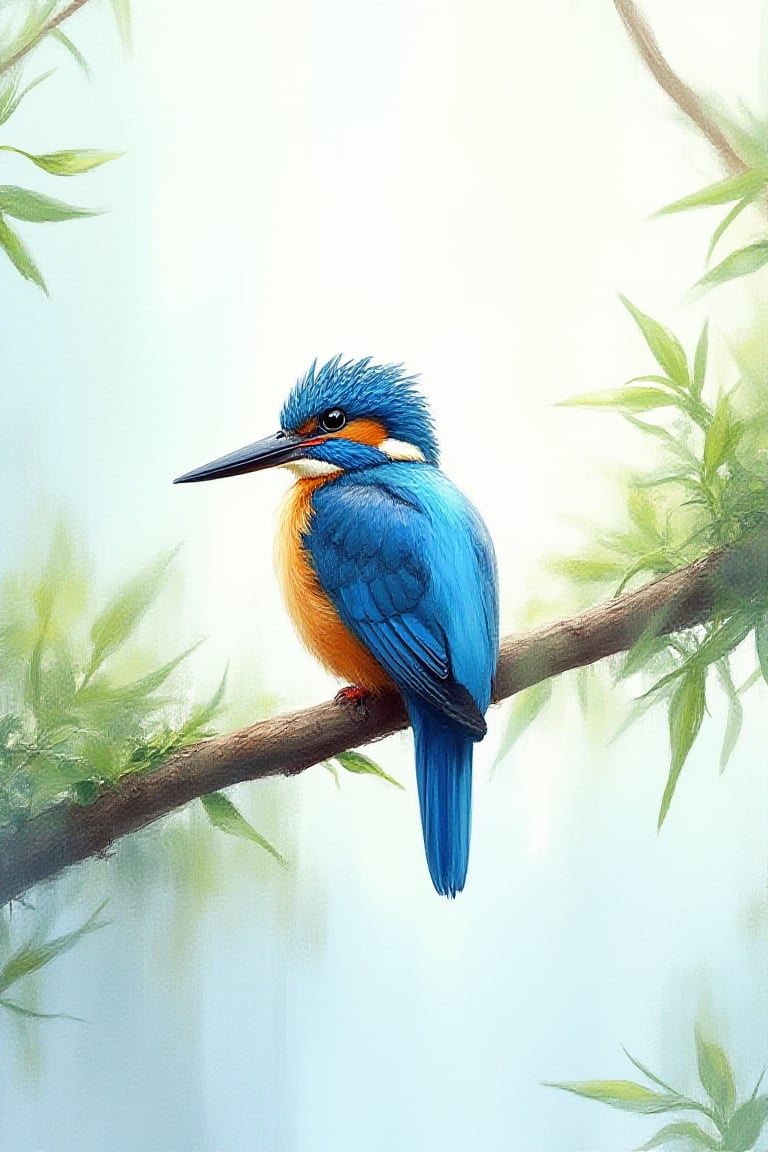 Watercolor style. A painting of a blue Iake. In the middle is a kingfisher ,intricate details, perched on an extended dark brown tree branch with green leaves,in the foreground. Reflections and shading. White background, dark mode,uhd,
hdr,24K, 40s 