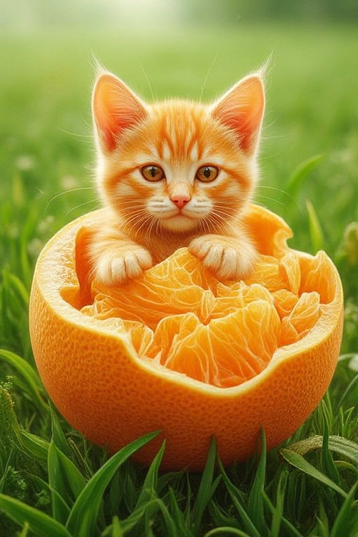 orange flesh made into a cute cat. the skin of orange was of used to form a bed, hyper realistic, bg green grass.Orange.Kiko,Digital Illustration 