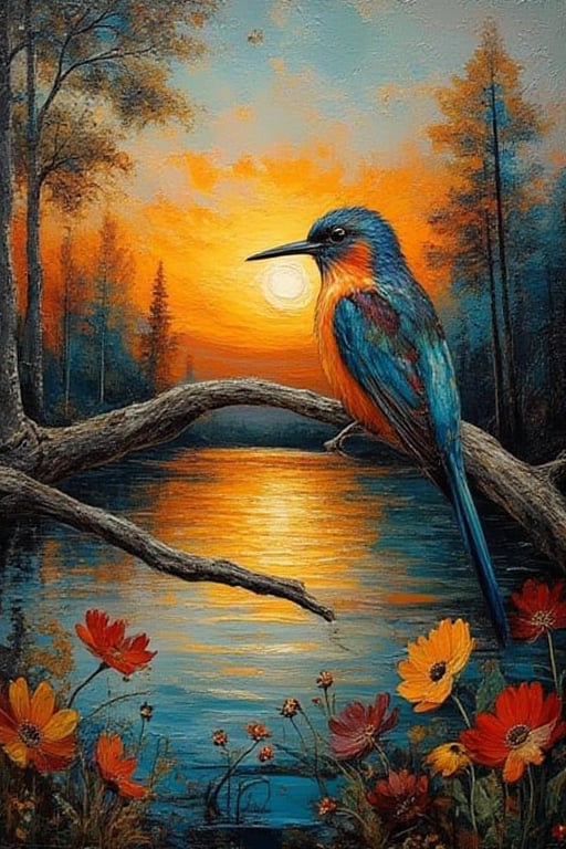 luminism,Abstract
textured acrylic painting, a beautiful  colorfull bird, perched on an extended tree branch with leaves, lake , trees, verns tree. wildflowers, at sunset, dramatic lighting,Luminism. Kiko,ArcylicOil Painting 1 