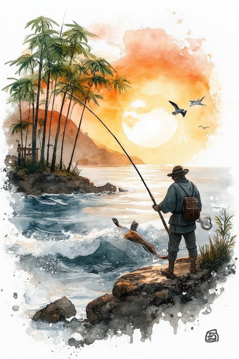 landscape painting of fisherman fishing a
big fish,sunset, sea,seagulls,cliff,green
bamboo tree in the style of traditional
Japanese art,artistic style black ink on
white background wet watercolor art,ink
splashes.add text " Best Wishes " to the
image,Sumi-e kiko,WatercolorWash,Watercolor Kiko 