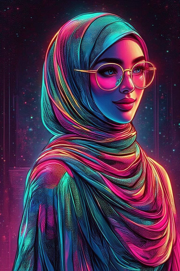 hyper-stylized ,digital illustration painting
of a young woman wearing a headscarf
modest loose dress,heels,dynamic
pose.She has pale skin and soft make up
sweet smile. The artwork should feature a
neon-infused color palette with bold
gradients of electric pink, cyan, purple, and
gold. The woman's face should be semi-
realistic with smooth, clean lines,
exaggerated features, and reflective
shades or glasses that catch the
surrounding colors. Use bright, contrasting
highlights to emphasize her expression,
blending pop art and vaporwave
aesthetics. The headscarf should low
with dynamic, sweeping shapes, and the
background should remain minimal,
keeping the focus on the subject's
glowing, vibrant presence. The style
should evoke a mix of digital airbrush and
vector art, with a sleek and polished finish,Digital Illustration,NeonColor,PopArtKiko