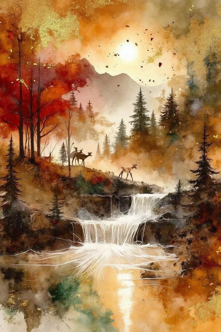 Watercolor Splash, alcohol ink
wet in wet brown orange red green yellow
tones with gold metallic effect, a waterfall
with a small lake, trees lining the lake, a
few deer standing by the lake, leaves
falling, background mountains moonlight
mood dreamy