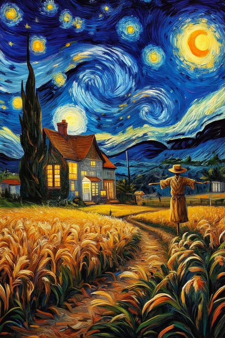 A serene rural landscape with a wooden house surrounded by golden wheat fields at night. The sky is vibrant with swirling, starry patterns inspired by Van Gogh's style, while the land is depicted in a more impressionistic oil on canvas technique. Add a scarecrow in the field. Deep, bold brushstrokes highlight the texture of the fields, the glowing light from the house windows, and the motion of the stars in the sky.,Oil In Canvas.Kiko,VanGogh