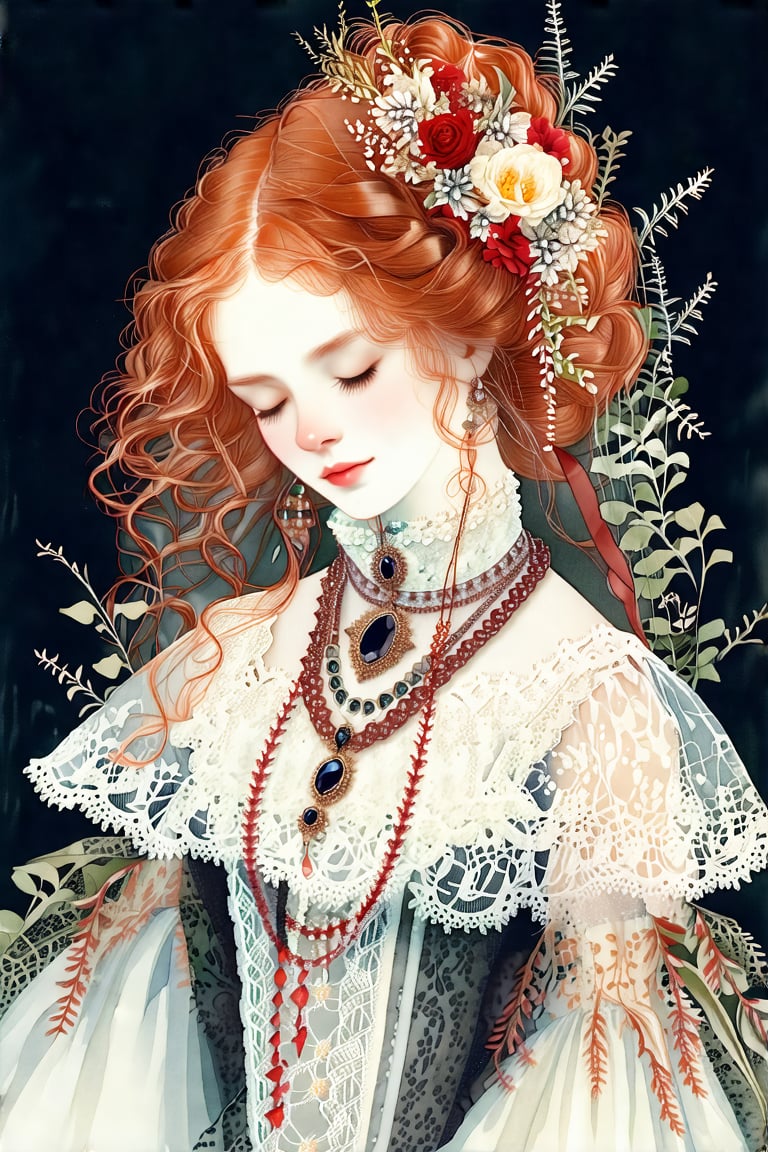 A highly detailed, ethereal portrait of a young woman with delicate, porcelain skin and soft red hair styled in an intricate updo. Her hair is adorned with small flowers in shades of white and red, along with delicate foliage, giving a vintage and refined aesthetic. She has her eyes closed, showcasing long, soft lashes, and her expression is serene and graceful. She wears an antique lace dress with a high collar, detailed lace trim, and layered necklaces with a dark gemstone pendant, adding a gothic yet elegant touch. The background is deep black to contrast and highlight her soft features and delicate accessories. The style combines realism with a subtle painterly texture, evoking a timeless, classic beauty,watercolor \(medium\)