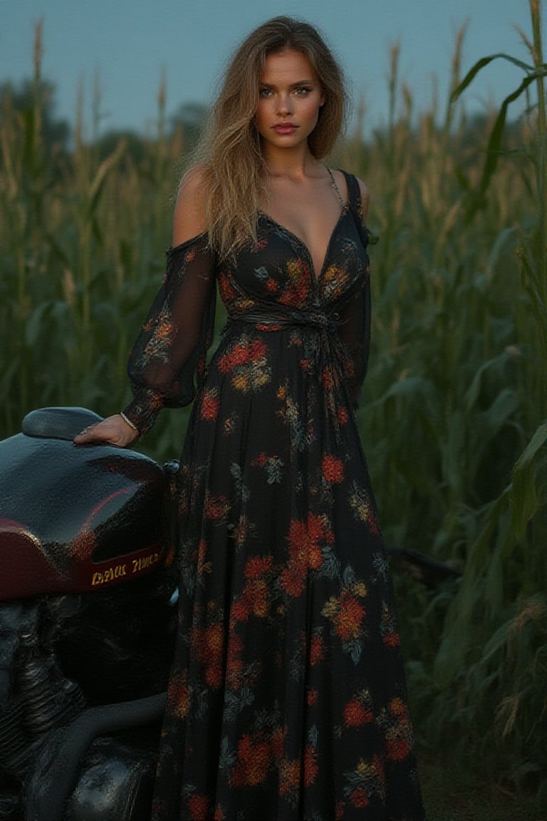 A photo fantasy art illustration image of a female biker wearing elegant modest dress ,leaning against a Harley Davidson ,front view,  holding The 
A mike. background has countryside scenery with green corn trees with night hour ,UHD,HDR,24K, 40s 