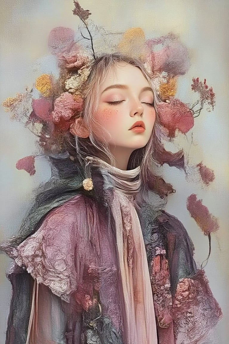 Oil on canvas, Portrait of an ethereal woman with porcelain skin, her eyes closed in peaceful serenity, hair transforming into delicate  blooming with vivid vibrant colourful flowers, roses, daisies, and blossoms in soft pink, yellow, and white. She wears an elegant dark purple brocade jacket intricately embroidered with floral designs, flowers appearing to grow from the fabric itself. Dreamlike and surreal, with a soft blue background, evoking tranquility and a deep connection to nature, hyper-detailed, soft lighting, whimsical and graceful atmosphere, floral surrealism, photorealistic, cinematic style, highly detailed embroidery, muted pastel colors, harmonious composition.,Hyperrealism &Surrealism,Oil In Canvas.Kiko,Hyperrealism &Surrealism,GOTHIC.MIRA