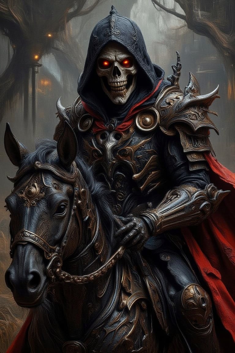 A surreal hooded figure with a skeletal face, glowing red eyes, and a sinister grin. The figure is shrouded in a black mecha armor with intricate details and red
cape rides on the back of an
armored horse across a field, in
the style of Goya and Beksinski,
oil painting, cinematic, dark
fantasy, gothic style, dark
medieval background, gloomy
atmosphere, masterpiece.,GOTHIC.MIRA,Oil Painting Kiko,MECHA.KIKO