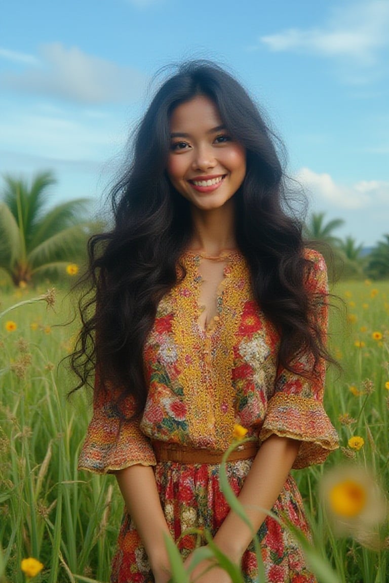 beautiful stunning malay woman smiling face,soft make up, standing in a green meadow,fenced,wildflowers,coconut trees, looking at the camera , showcasing vibrant colorful floral pattern clothing and longvwavy black hair,under a blue sky with wispy clouds ,conveying a serene ,dreamy, painterly , lively, full of colors,atmosphere UHD HDR ,24K, 40s