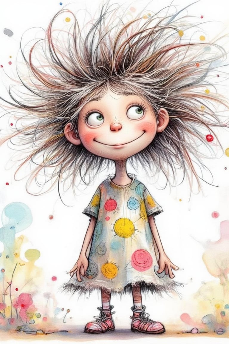 A whimsical illustration by Quentin Blake featuring a cute, funny 5 year old girl with unkempt, spiky hair. The girl has a playful, goofy expression on her face and her eyes are wide with mischief. The background is a colorful, soft, muted scene with swirling watercolor patterns and shapes that add to the overall feeling of fun and frivolity.,Whimsical Kiko,Digital Illustration 