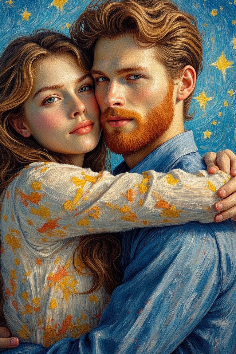 beautiful first love, beautiful girl
hugged,in the arms of a man 
impressionism van gogh,
brushstrokes, canvas, oil painting in the style VanGogh, high quality, 
perfect masterpiece  uhd,Kikotaekwando