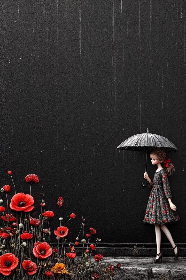 solid black wallpaper taking up most of
image, On left bottom edge,Border with
whimsical ,embossed tiny small poppy
flowers and miniatures of skinny stylish
girl,long happy face, red ponytails hair
with red ribbon, printed dress intricate
details, Make the girl hold an umbrella,
Change the background to a rainy day
scene, Make the sky gray and cloudy,
make her dress contras color to the
bg,coloful umbrella,Embossed,Digital Illustration 