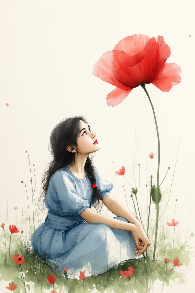 A white young girl ,wearing blue dress,sitting cross leg on agreen grass, 
 etching, watercolor wash painting,pale face ,soft make up,looking up at a floating vibrant crimson red color of a giant single stalk of poppy flower with a dreamy expression. She has long wavy black hair with a single braid tied with a red bow, and the overall style is soft and reminiscent of a pencil sketch  ,watercolor wash painting ,soft painterly, realism with dewdrops on the flower petals,FineArt,WatercolorWash 