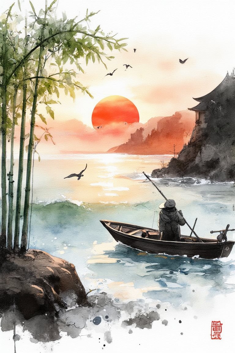 landscape painting of fisherman fishing at sea,sunset, ,seagulls,cliff,green
bamboo tree in the style of sumi-e, traditional
Japanese art,artistic style black ink on
white background wet watercolor art,ink
splashes.add text " Best Wishes " to the
image,Sumi-e kiko,WatercolorWash,Watercolor Kiko 