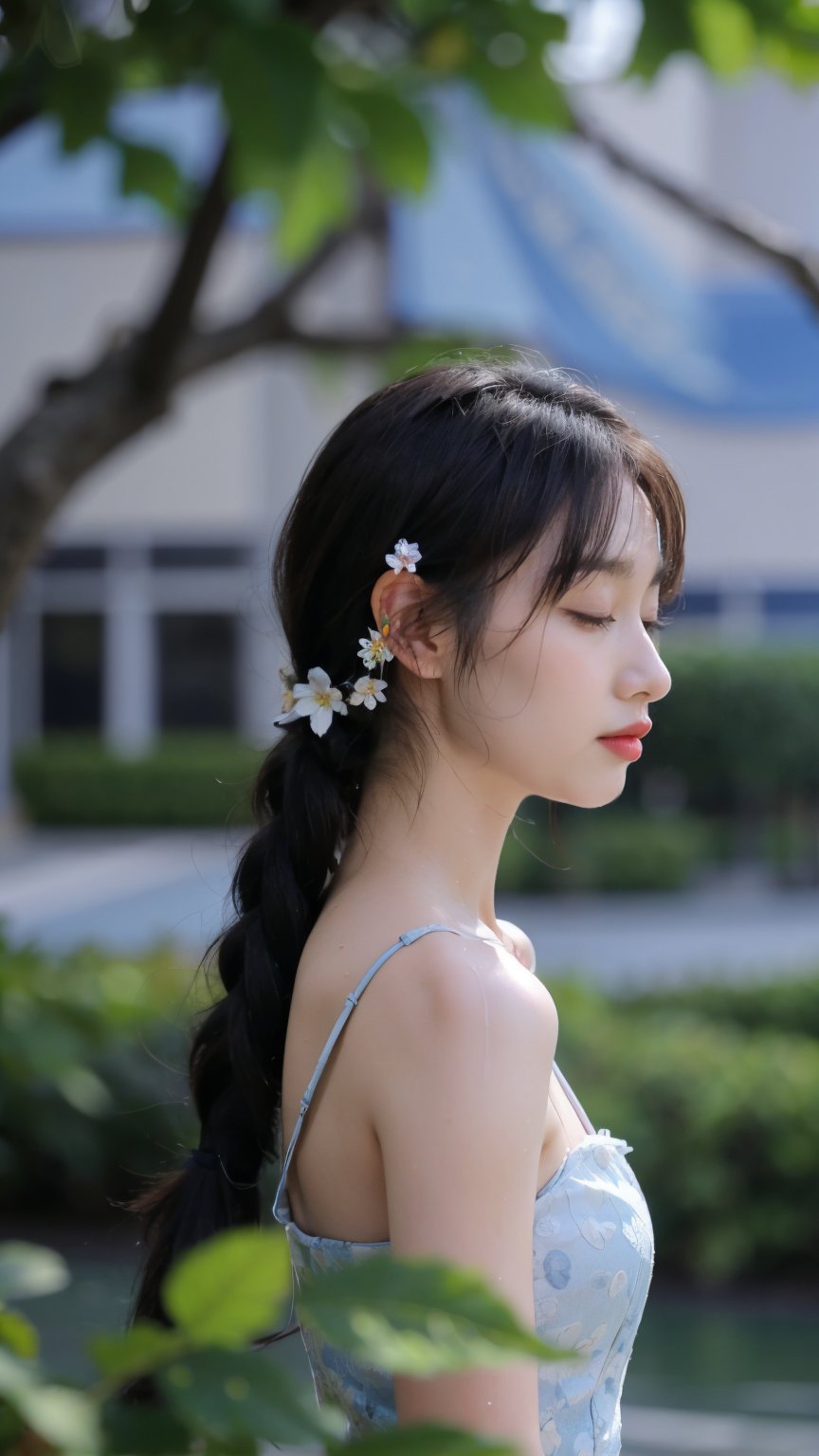 1girl, solo, long hair, black hair, hair ornament, bare shoulders, closed eyes, upper body, braid, flower, parted lips, hair flower, water, blurry, from side, lips, wet, head tilt, profile, leaf, plant, blue flower, water drop, wet hair, head back