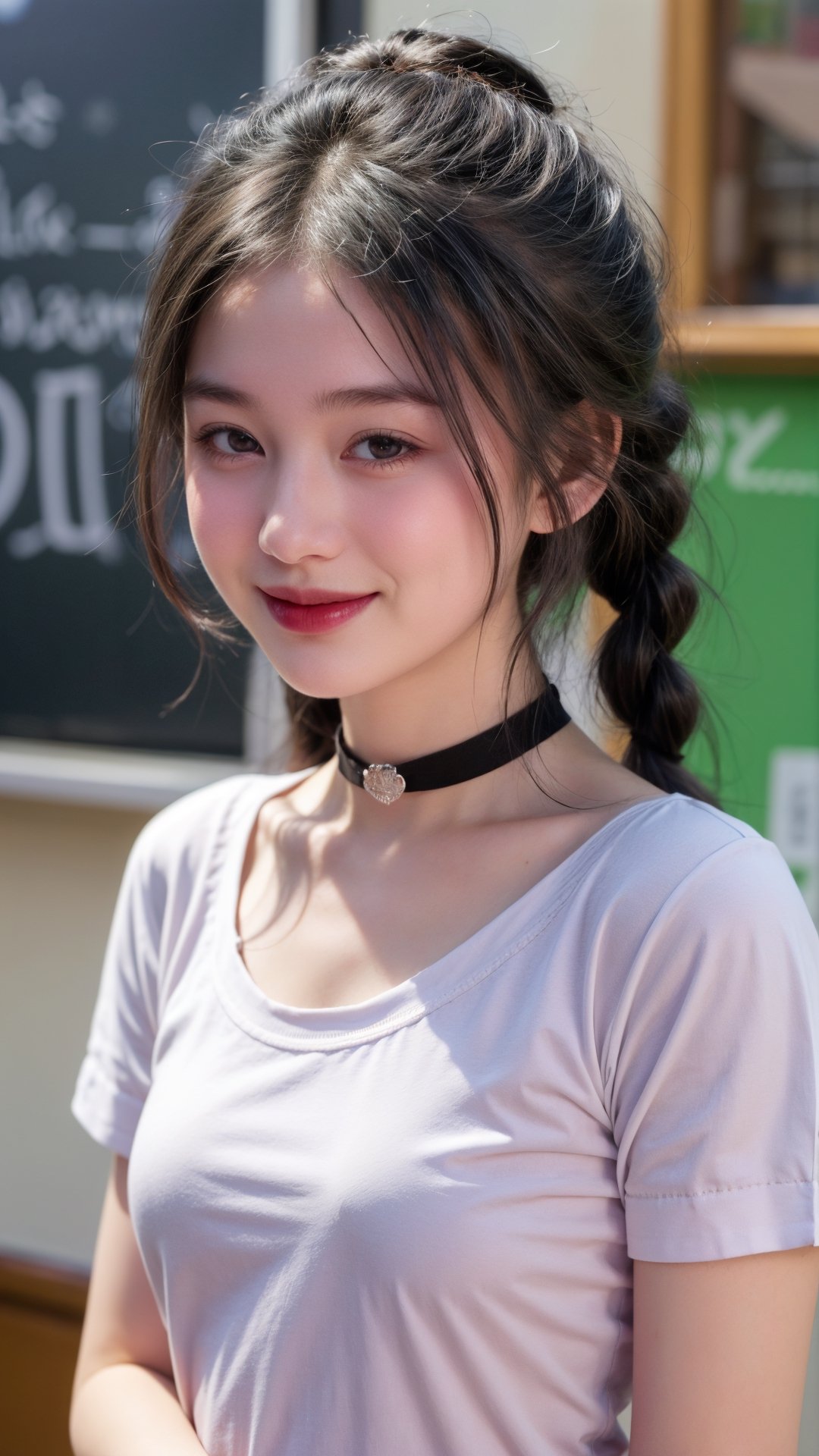 1girl, solo, long hair, looking at viewer, blush, smile, bangs, green eyes, shirt, dress, bow, twintails, closed mouth, collarbone, white shirt, upper body, green hair, braid, short sleeves, heart, choker, puffy sleeves, collared shirt, indoors, nail polish, black dress, twin braids, puffy short sleeves, wrist cuffs, hands up, low twintails, black choker, hair intakes, scrunchie, wrist scrunchie, chalkboard, heart choker,petite