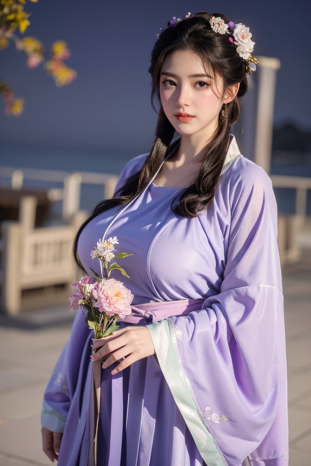  (masterpiece, best quality:1.3), 1girl, black hair, flower, hair ornament, realistic, holding, hair flower, blurry, holding flower, chinese clothes, looking at viewer, hanfu, black eyes, basket, blurry background,(light purple hanfu:1.23),(big breasts:1.56),(full moon:1.23)