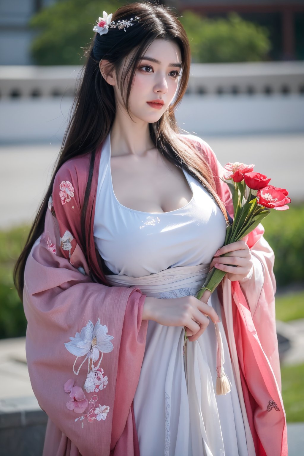 fenmo, fense, 1girl, black hair, flower, hair ornament, realistic, holding, hair flower, blurry, holding flower, chinese clothes, looking at viewer, hanfu, black eyes, basket, blurry background,hanfu,cho girl,(big breasts:1.53),gufeng,embroidered flower patterns