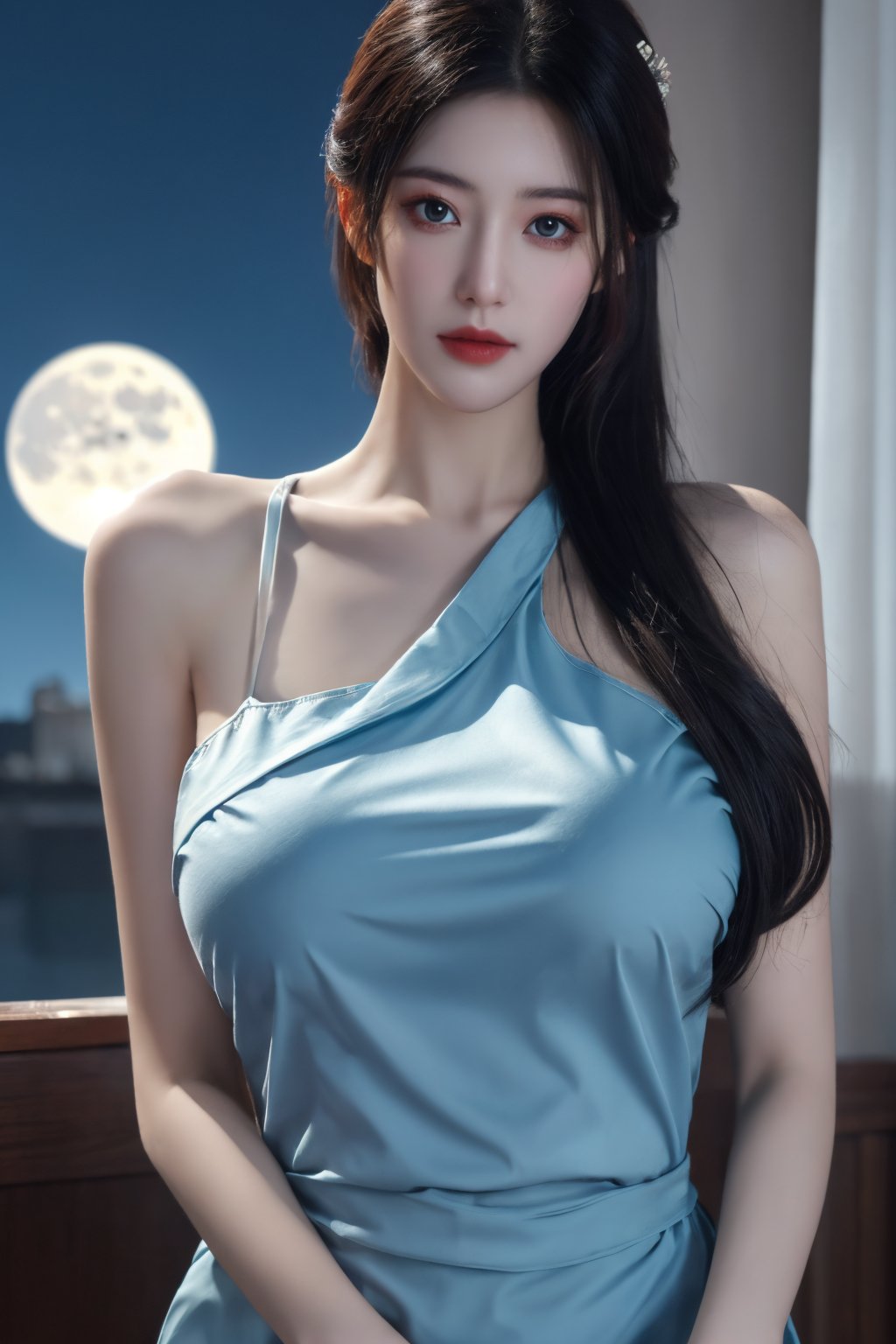 (8k, RAW photo, best quality, masterpiece:1.2), (realistic, photo-realistic:1.2)(raw photo) (extremely detailed CG unity 8k wallpaper) detailed and intricate, original,highres,looking at viewer,upper body,BREAK,(light blue clothing:1.29),BREAK,(big breasts:1.69),Xyunxiao,1girl,(full moon:1.29)