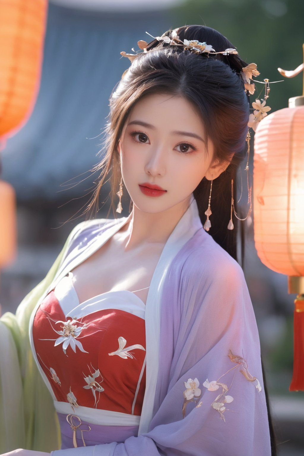  (masterpiece, best quality:1.2),1girl, navel, solo, midriff, bare shoulders, lantern, hair ornament, flower, hair flower, paper lantern, black hair, red lips, looking at viewer, chinese clothes, (light purple-green-blue dress:1.23), purple eyes,blurry, solo focus, long hair, lips, night, lipstick, outdoors, upper body, blurry,(huge breasts:2.34), background, solo, makeup, hair bun,Xyunluo,Xningyudie