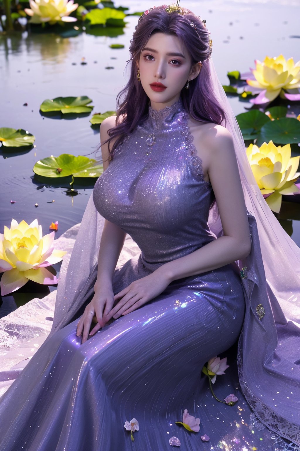 masterpiece,1girl,(mature female:0.5),tall body,full  body,golden proportions,(Kpop idol),(shiny skin:1.2),(oil skin:1.1),makeup,(close up),depth of field,(closed mouth:0.5),((long wavy purple hair)),(puffy eyes),(eyelashes:1.1),(parted lips:1.1),red lipstick,fantasy art style,dreamy light,(high neck light purple wedding dress:1.69),(light purple wedding dress:1.59),(Holographic colorful:1.52),(Holographic,lace:1.49),perfect body,(dreamy veil:1.3),(dusk:1.2),(princess shoes:1.1),(diamond necklace),(crystal hairpin),tyndall effect,highres,(Sitting on the grass by the river:1.56), (lotus pond full of lotus flowers:1.69), (huge breasts:1.79),(Flowers:1.69)