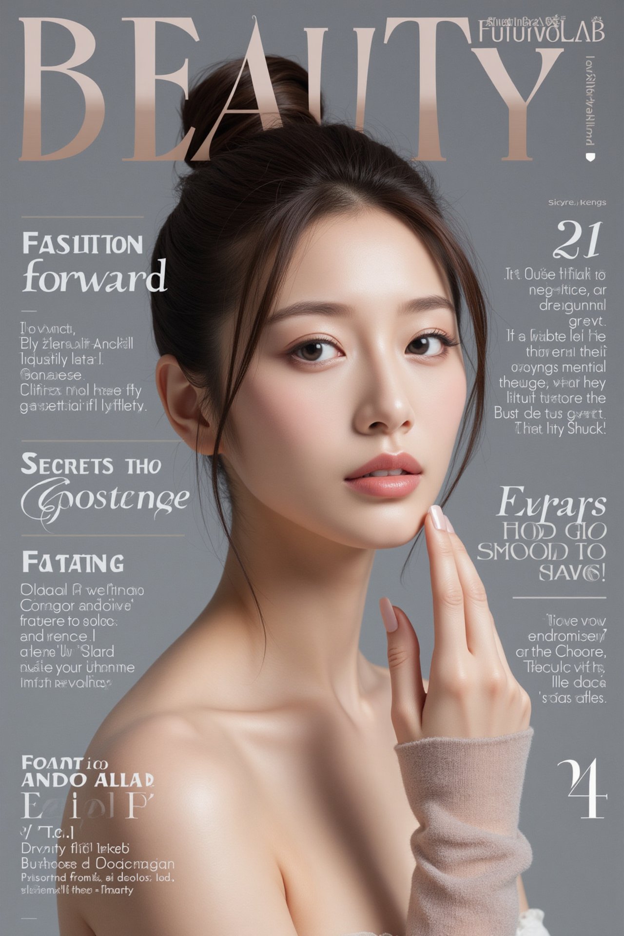 A high-fashion magazine cover featuring a close-up, upper-body shot of a beautiful Japanese female model with an enhanced bust size, confidently posing with elegance. Her sharp yet graceful facial features are highlighted, and she wears a stylish, modern outfit that accentuates her figure while maintaining a sophisticated and polished look. The background is a neutral gray with professional, magazine-quality lighting that enhances her photorealistic skin texture.

Across the cover, bold and stylish magazine text is displayed, including the title in elegant font: **"FuturEvoLab Beauty"** at the top. Other headlines include:
- **"Fashion Forward: The Future of Elegance"**
- **"Secrets to Confidence and Style"**
- **"Model of the Year: Embracing Allure and Power"**

The overall composition combines high-end fashion photography with captivating headlines that frame the model’s pose, drawing attention to her beauty and presence. The cover reflects sophistication, confidence, and modern fashion, with the FuturEvoLabBeautify aesthetic enhancing the visual impact.,Xxyjy