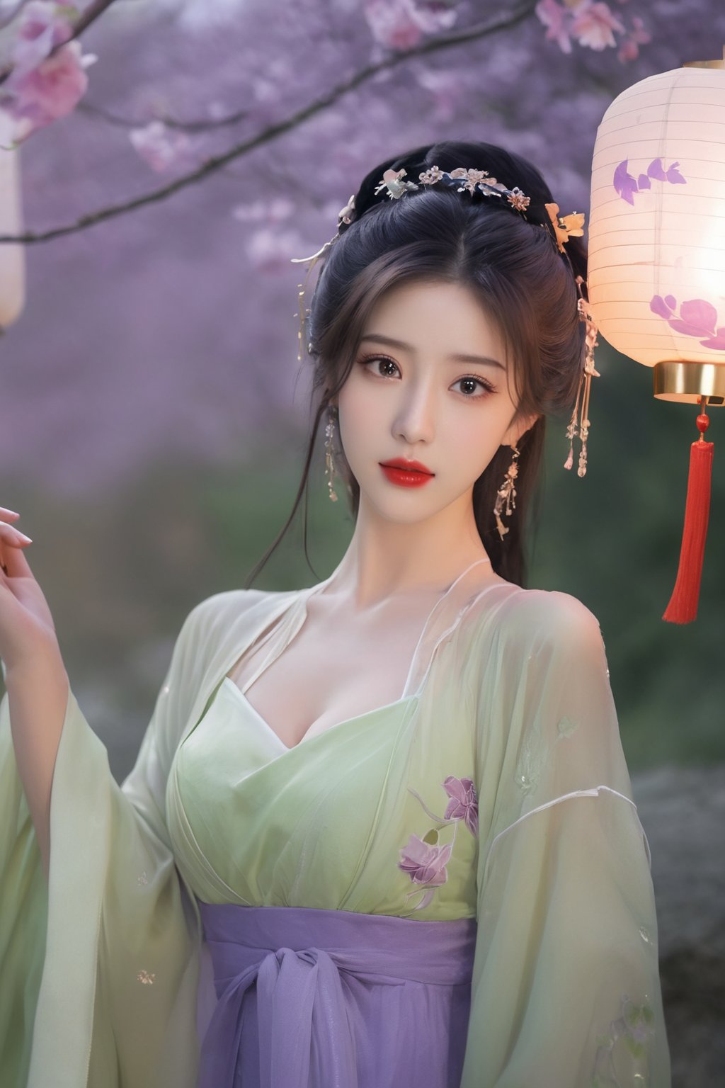  (masterpiece, best quality:1.2),1girl, navel, solo, midriff, bare shoulders, lantern, hair ornament, flower, hair flower, paper lantern, black hair, red lips, looking at viewer, chinese clothes, (light purple-green dress:1.23), purple eyes,blurry, solo focus, long hair, lips, night, lipstick, outdoors, upper body, blurry,(huge breasts:1.99), background, solo, makeup, hair bun,Xyunluo,Xningyudie