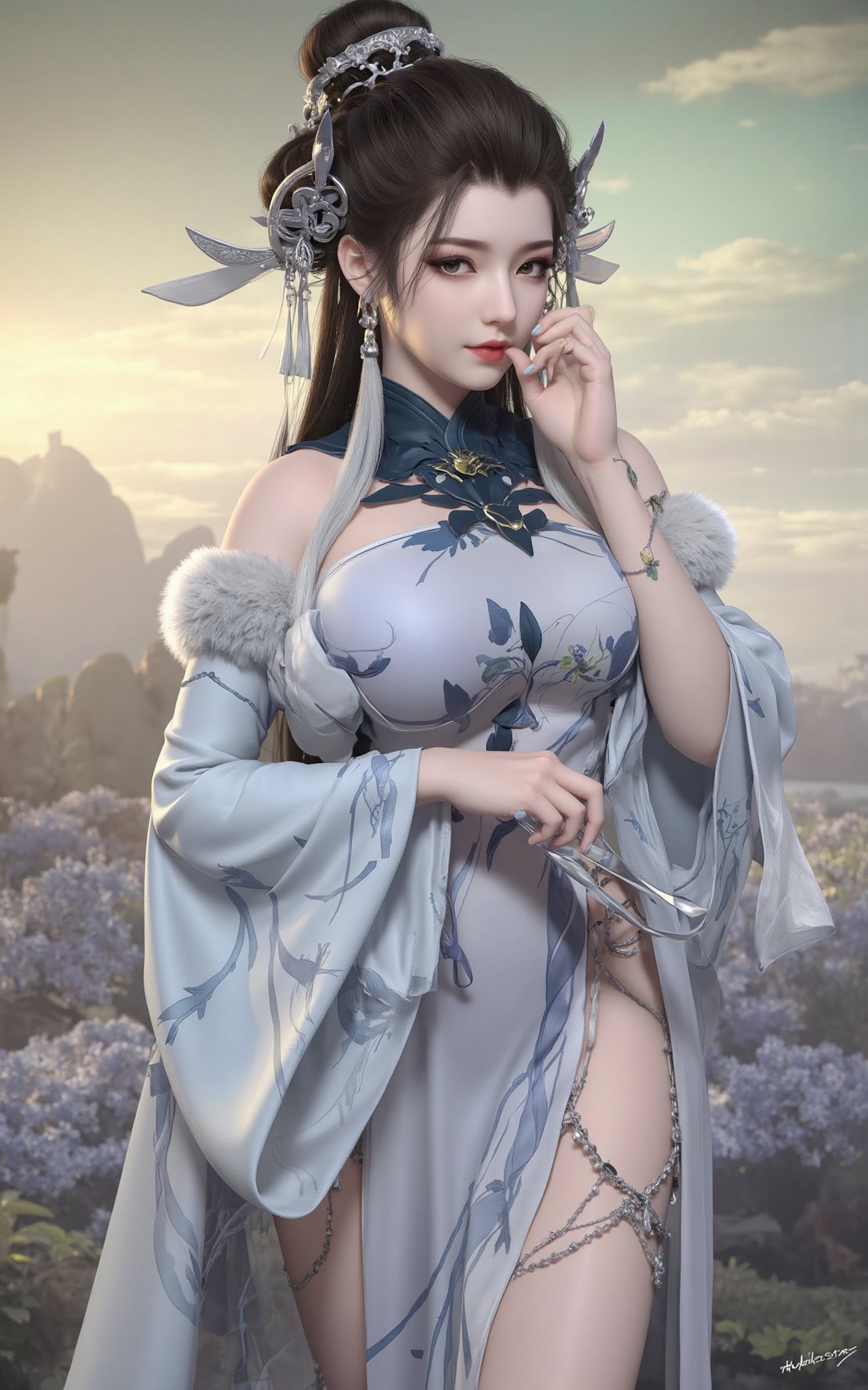 (masterpiece, best quality:1.2), 1girl, (hanfu dress:1.26),looking at viewer,(huge breasts:1.79),Depth of field,