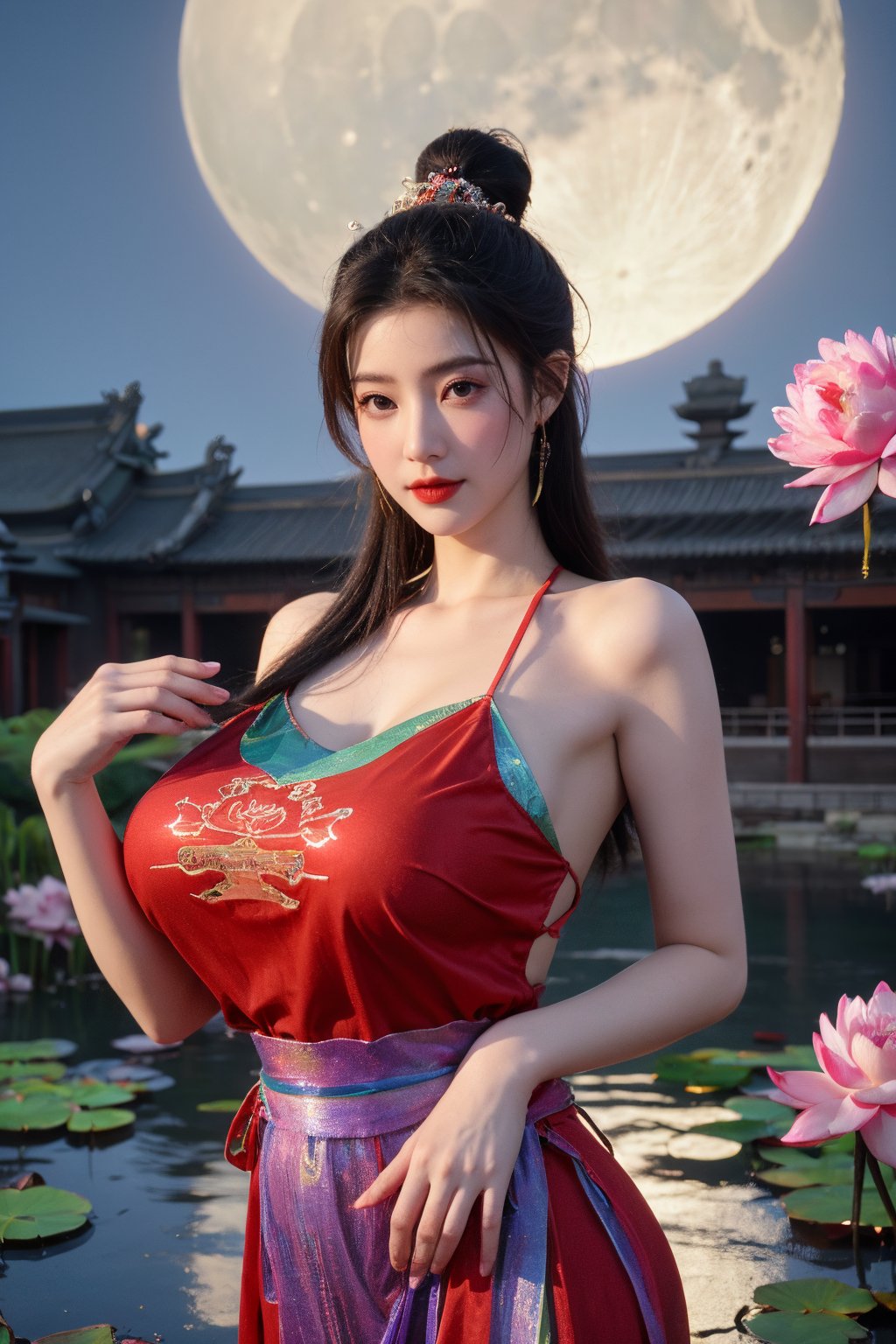  (masterpiece, best quality:1.2),1girl, navel, solo, midriff, bare shoulders, lantern, hair ornament, flower, hair flower, paper lantern, black hair, red lips,BREAK, (looking at viewer:1.23), chinese clothes,(Holographic red-green dress:1.36), (Rainbow Gradient Color:1.29),BREAK,purple eyes,blurry, solo focus, long hair, lips, daytime, lipstick, outdoors, upper body, blurry,(huge breasts:1.48), background, solo, makeup, hair bun,Xyunxiao,(Peony,Blue sky,moon:1.39),(Lotus pond, ancient Chinese architecture:1.39)