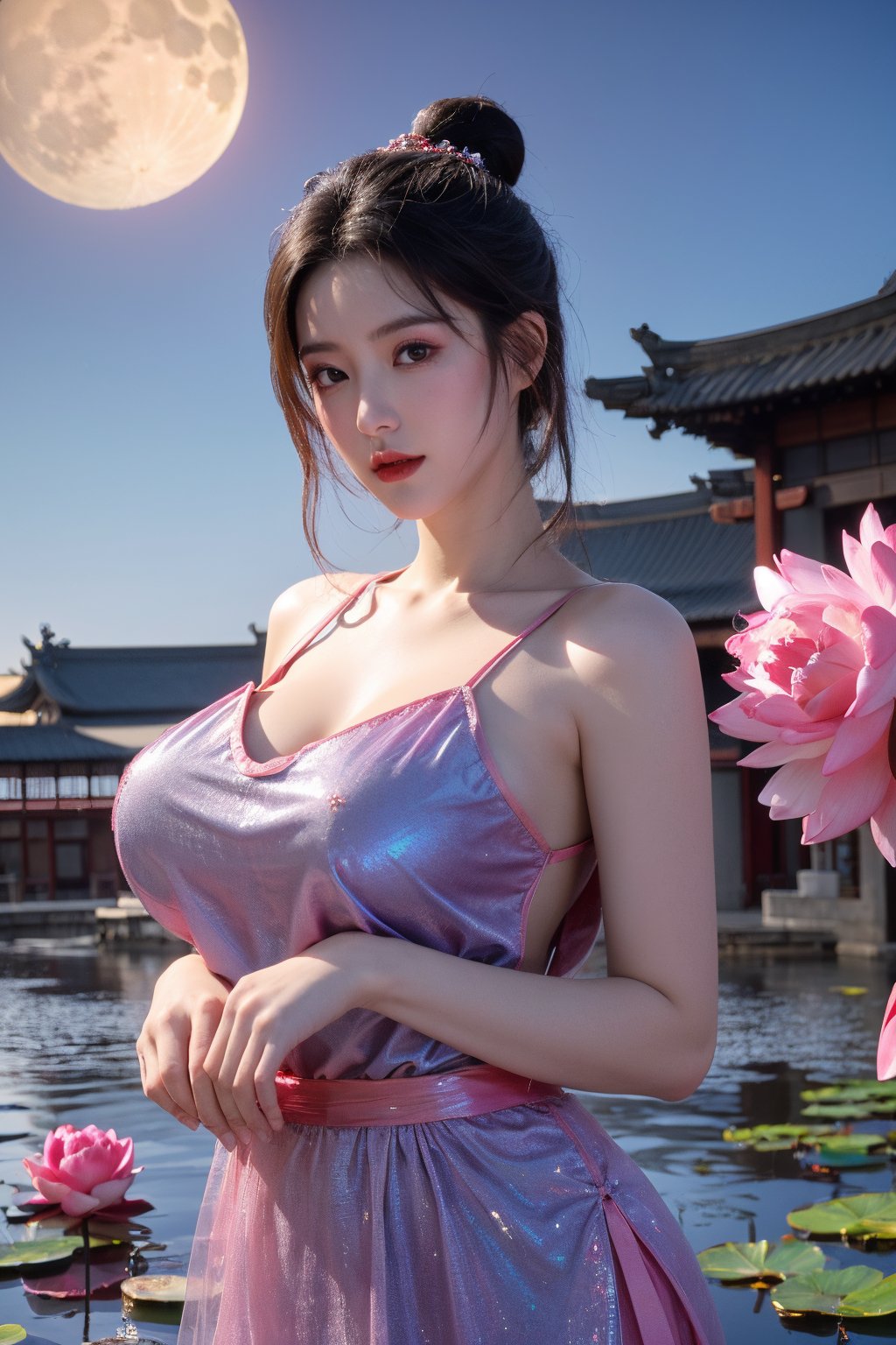  (masterpiece, best quality:1.2),1girl, navel, solo, midriff, bare shoulders, lantern, hair ornament, flower, hair flower, paper lantern, black hair, red lips,BREAK, (looking at viewer:1.23), chinese clothes,(Holographic red-pink dress:1.36), (Rainbow Gradient Color:1.29),BREAK,purple eyes,blurry, solo focus, long hair, lips, daytime, lipstick, outdoors, upper body, blurry,(huge breasts:1.48), background, solo, makeup, hair bun,Xyunxiao,(Peony,Blue sky,moon:1.39),(Lotus pond, ancient Chinese architecture:1.39)