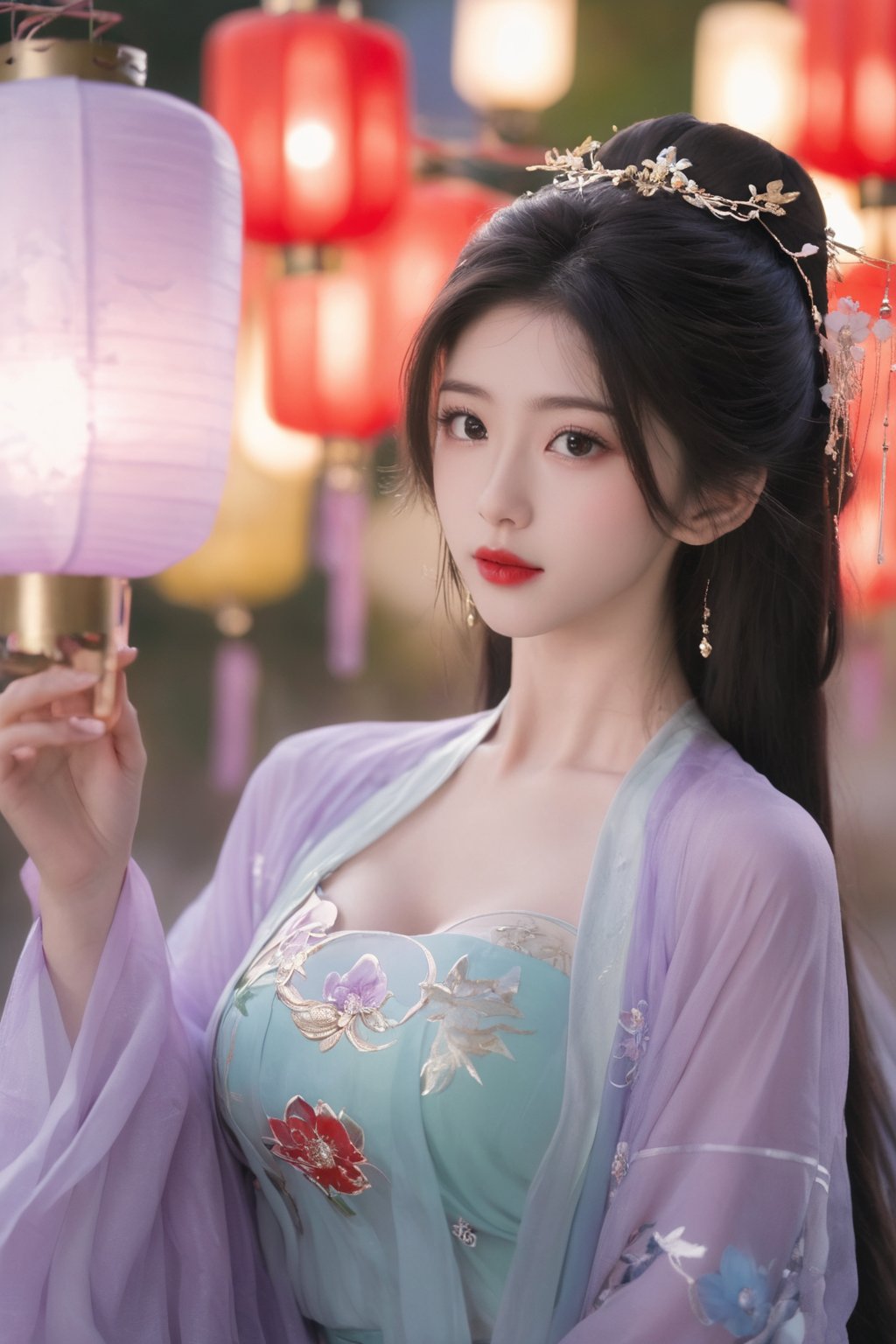  (masterpiece, best quality:1.2),1girl, navel, solo, midriff, bare shoulders, lantern, hair ornament, flower, hair flower, paper lantern, black hair, red lips, looking at viewer, chinese clothes, (light purple-green-blue dress:1.23), purple eyes,blurry, solo focus, long hair, lips, night, lipstick, outdoors, upper body, blurry,(huge breasts:2.59),(full breasts:1.99) ,background, solo, makeup, hair bun,Xyunluo,Xningyudie