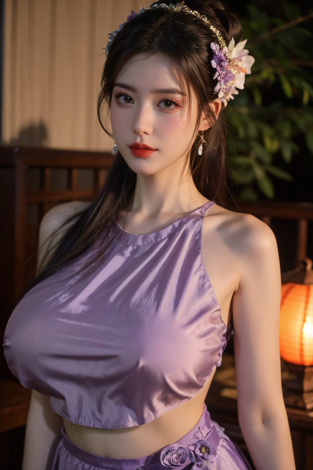  (masterpiece, best quality:1.2),1girl, navel, solo, midriff, bare shoulders, lantern, hair ornament, flower, hair flower, paper lantern, black hair, red lips, looking at viewer, chinese clothes, (light purple|green dress:1.29), purple eyes,blurry, solo focus, long hair, lips, night, lipstick, outdoors, upper body, blurry,(huge breasts:1.46), background, solo, makeup, hair bun,Xyunxiao