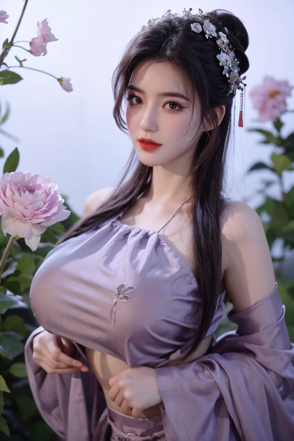  (masterpiece, best quality:1.2),1girl, navel, solo, midriff, bare shoulders, lantern, hair ornament, flower, hair flower, paper lantern, black hair, red lips, looking at viewer, chinese clothes, (light purple-green dress:1.23), purple eyes,blurry, solo focus, long hair, lips, night, lipstick, outdoors, upper body, blurry,(huge breasts:1.46), background, solo, makeup, hair bun,Xyunxiao