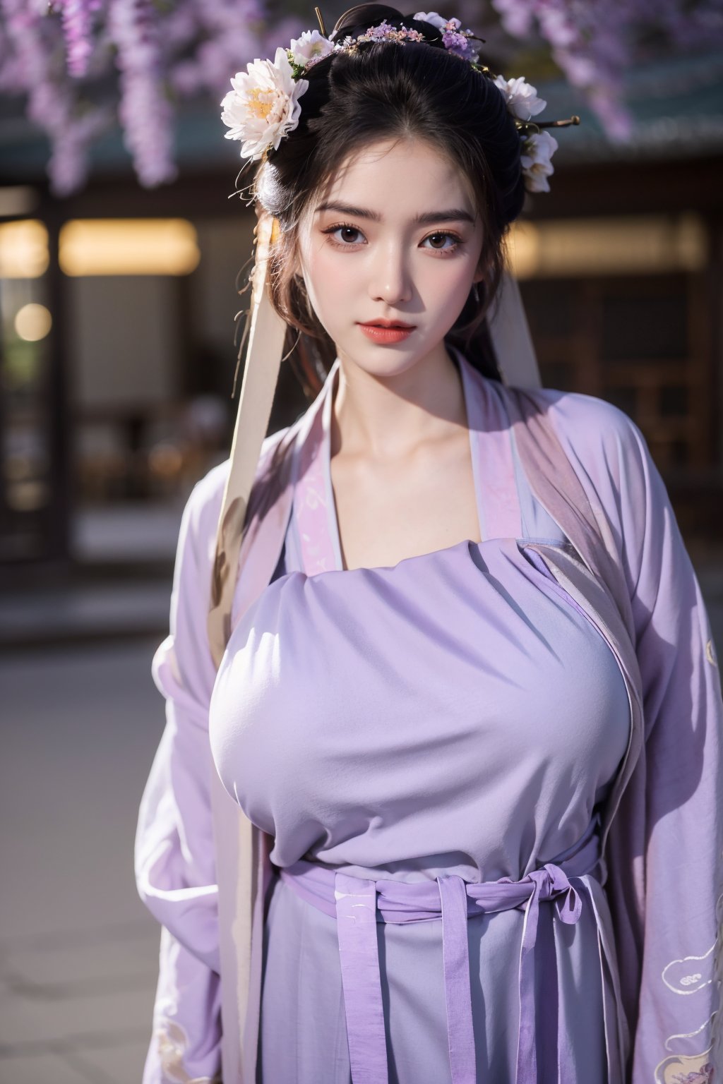 fenmo, fense, 1girl, black hair, flower, hair ornament, realistic, holding, hair flower, blurry, holding flower, chinese clothes, looking at viewer, (light purple hanfu:1.39), black eyes, basket, blurry background,hanfu,cho girl,(big breasts:1.59)