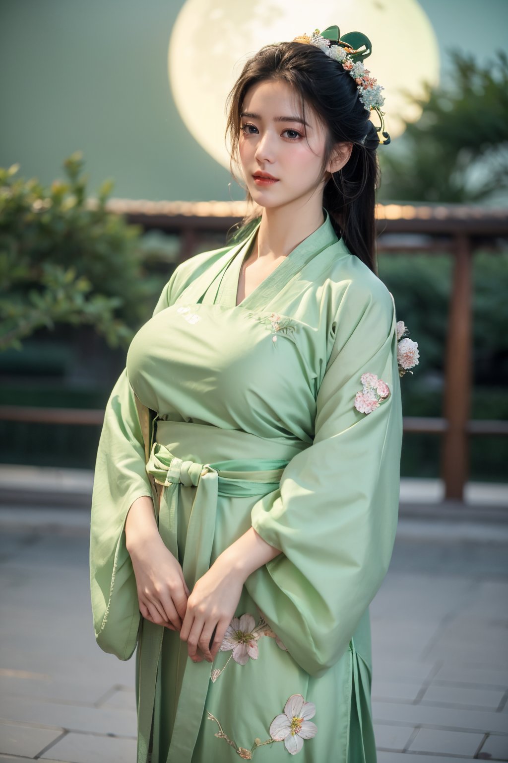  (masterpiece, best quality:1.3), 1girl, black hair, flower, hair ornament, realistic, holding, hair flower, blurry, holding flower, chinese clothes, looking at viewer, green hanfu, black eyes, basket, blurry background,(light green hanfu:1.36),(big breasts:1.63),(full moon:1.29)