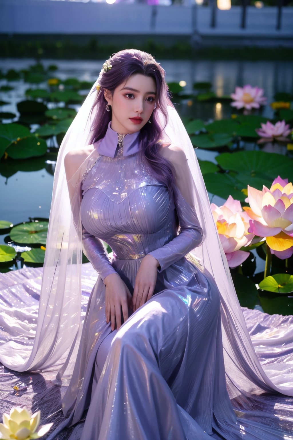 masterpiece,1girl,(mature female:0.5),tall body,full  body,golden proportions,(Kpop idol),(shiny skin:1.2),(oil skin:1.1),makeup,(close up),depth of field,(closed mouth:0.5),((long wavy purple hair)),(puffy eyes),(eyelashes:1.1),(parted lips:1.1),red lipstick,fantasy art style,dreamy light,(high neck light purple wedding dress:1.69),(light purple wedding dress:1.59),(Holographic colorful:1.52),(Holographic,lace:1.49),perfect body,(dreamy veil:1.3),(dusk:1.2),(princess shoes:1.1),(diamond necklace),(crystal hairpin),tyndall effect,highres,(Sitting on the grass by the river:1.56), (lotus pond full of lotus flowers:1.69), (huge breasts:1.69),(Flowers:1.69)