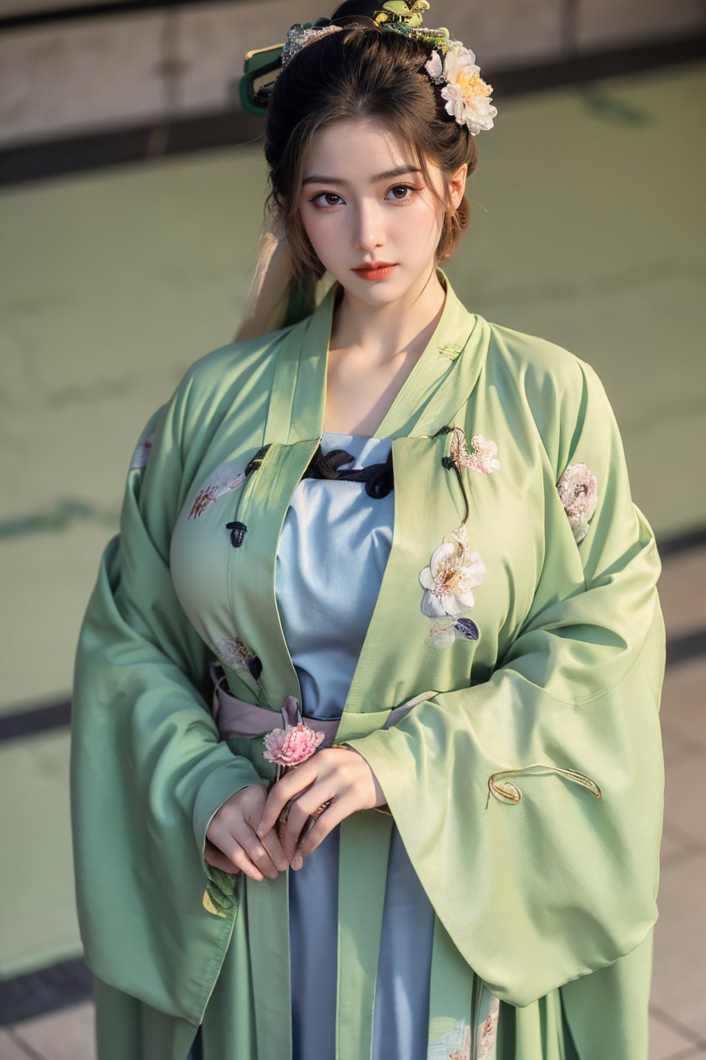  (masterpiece, best quality:1.3), 1girl, black hair, flower, hair ornament, realistic, holding, hair flower, blurry, holding flower, chinese clothes, looking at viewer, green hanfu, black eyes, basket, blurry background,(green hanfu:1.53),(big breasts:1.63),(full moon:1.29)