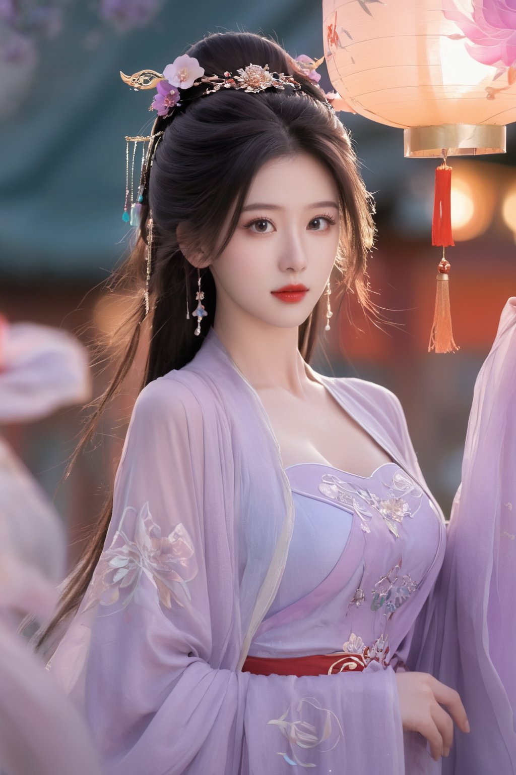  (masterpiece, best quality:1.2),1girl, navel, solo, midriff, bare shoulders, lantern, hair ornament, flower, hair flower, paper lantern, black hair, red lips, looking at viewer, chinese clothes, (light purple-green-blue dress:1.23), purple eyes,blurry, solo focus, long hair, lips, night, lipstick, outdoors, upper body, blurry,(huge breasts:2.34), background, solo, makeup, hair bun,Xyunluo,Xningyudie