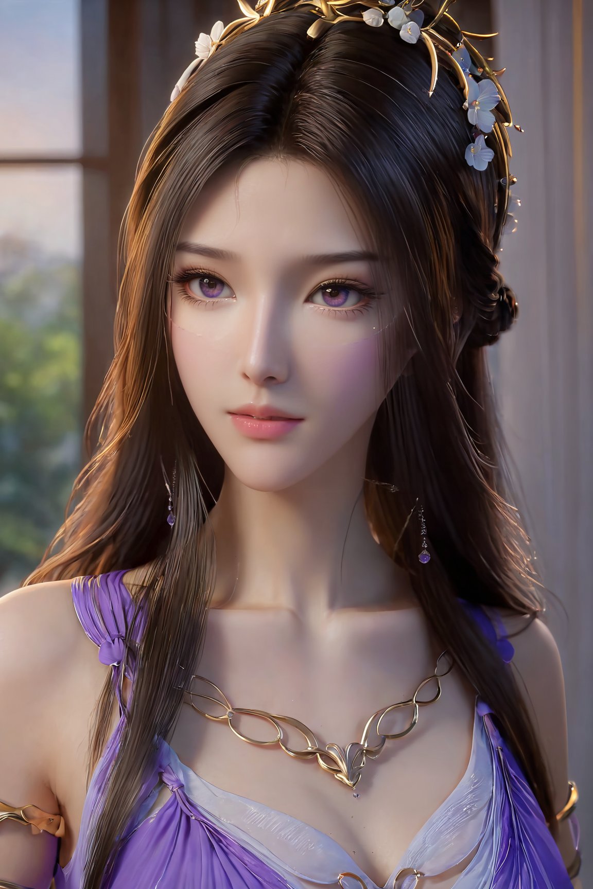 best quality,masterpiece,realistic,ultra-fine painting,extreme detail description,Professional,Vivid Colors,extremely detailed CG unity 8k wallpaper,an extremely delicate and beautiful,official art,sweet and delicate girl,delicate facial features,(perfect bright figure:1.1),surrounded,Bright,romantic long hair,natural light,warm and sweet,a girl,upper body,,black long hair,purple eyes,purple skirt,veil,Xziling,xxmixgirl,,(big breasts:1.29),More Reasonable Details