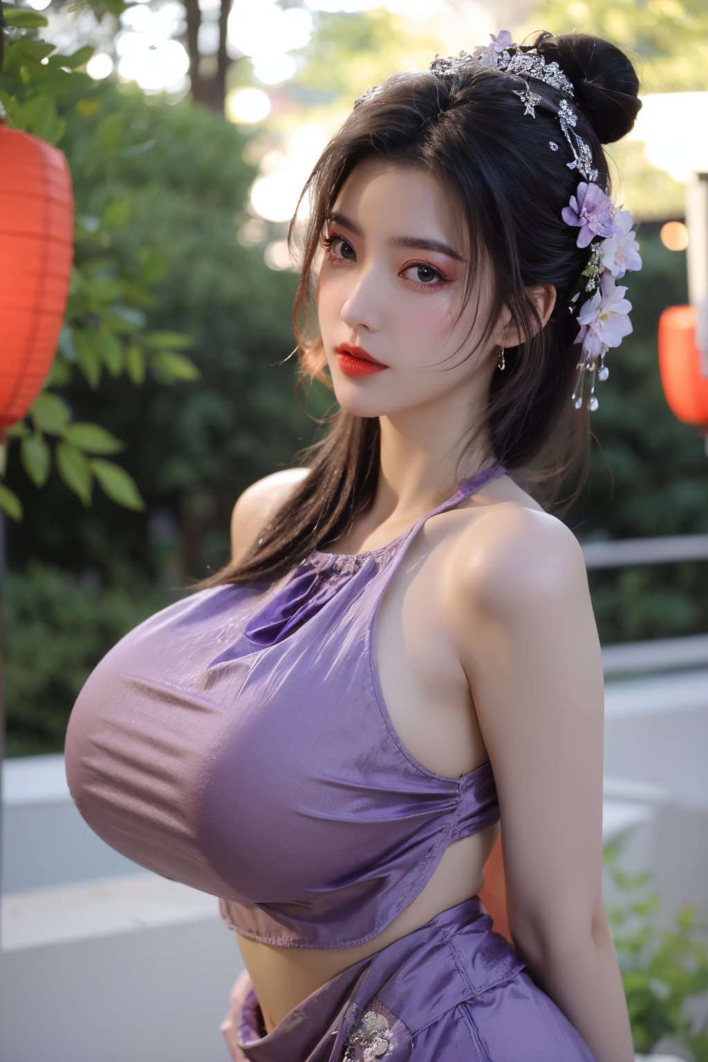  (masterpiece, best quality:1.2),1girl, navel, solo, midriff, bare shoulders, lantern, hair ornament, flower, hair flower, paper lantern, black hair, red lips, looking at viewer, chinese clothes, (light purple|green dress:1.29), purple eyes,blurry, solo focus, long hair, lips, night, lipstick, outdoors, upper body, blurry,(huge breasts:1.46), background, solo, makeup, hair bun,Xyunxiao