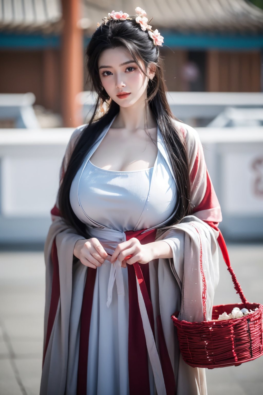 fenmo, fense, 1girl, black hair, flower, hair ornament, realistic, holding, hair flower, blurry, holding flower, chinese clothes, looking at viewer, hanfu, black eyes, basket, blurry background,hanfu,cho girl,(big breasts:1.56),gufeng,embroidered flower patterns