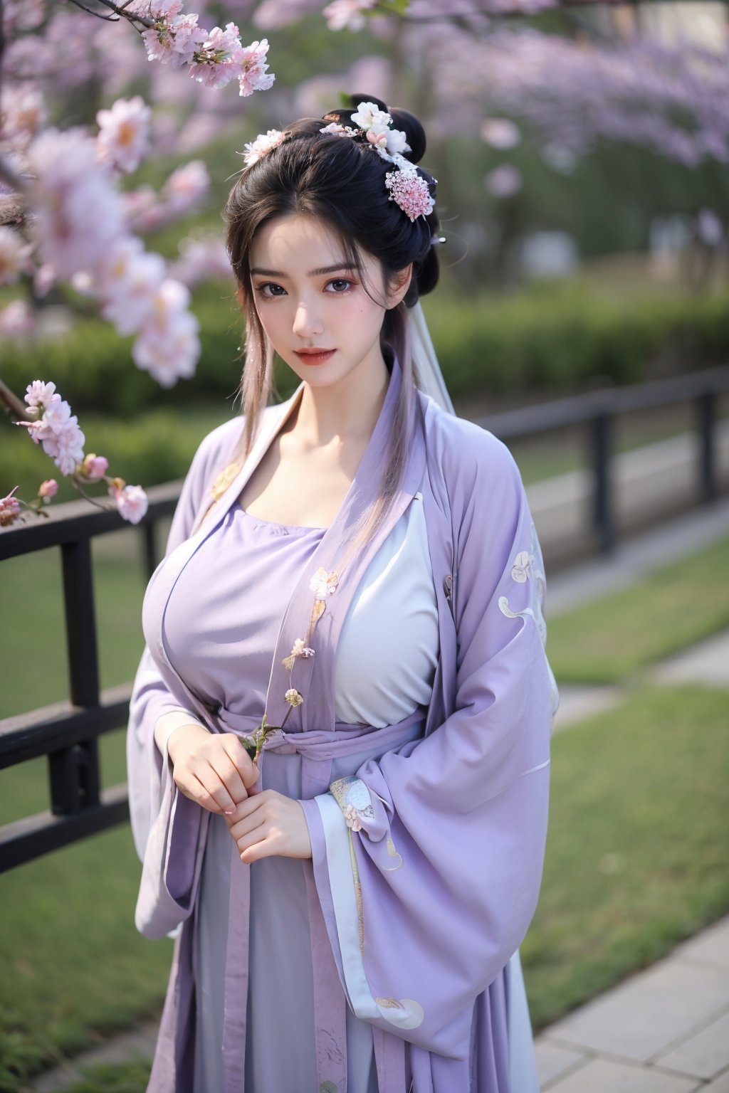 fenmo, fense, 1girl, black hair, flower, hair ornament, realistic, holding, hair flower, blurry, holding flower, chinese clothes, looking at viewer, (light purple hanfu:1.29), black eyes, basket, blurry background,hanfu,cho girl,(big breasts:1.53)