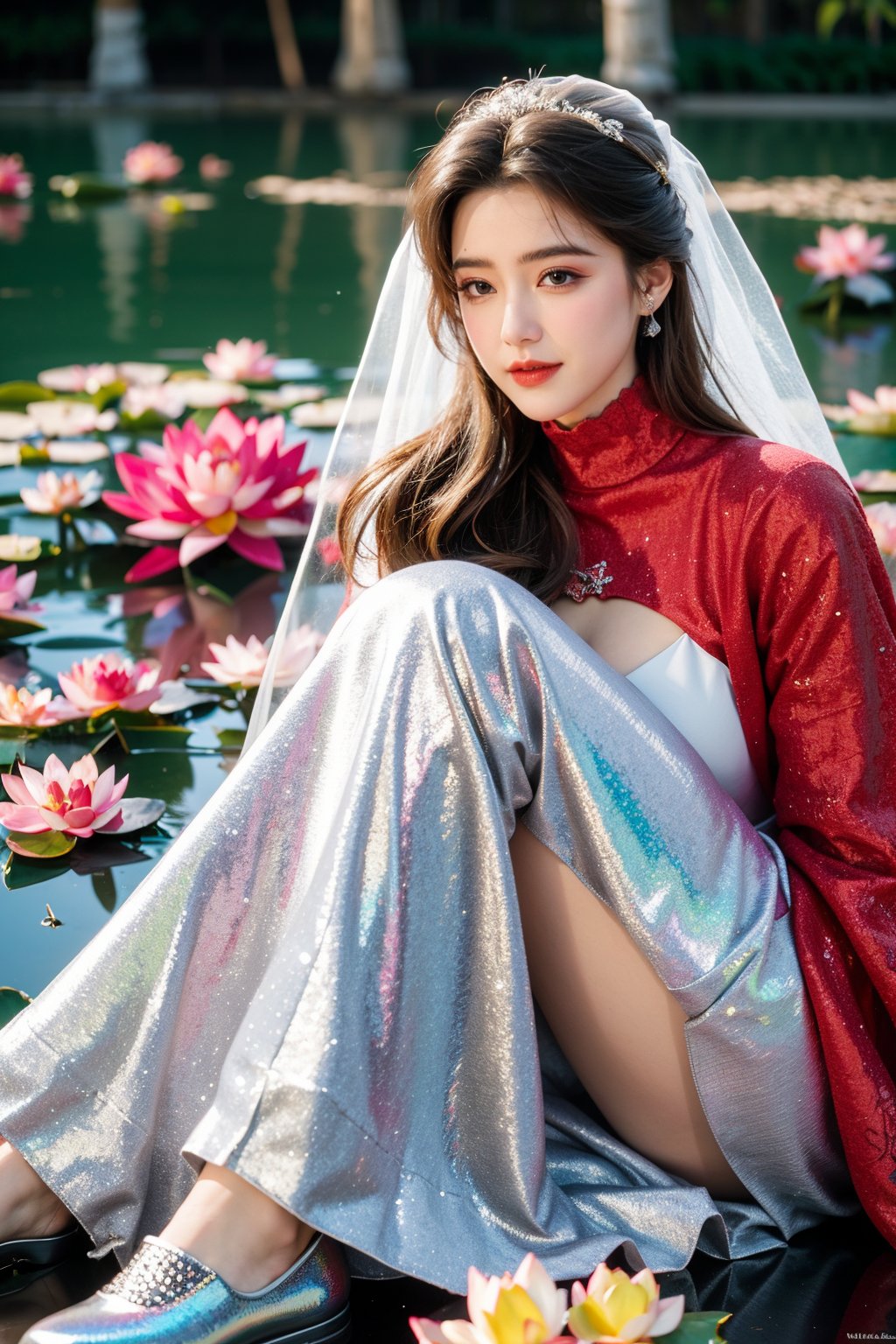 masterpiece,1girl,(mature female:0.5),tall body,full body,golden proportions,(Kpop idol),(shiny skin:1.2),(oil skin:1.1),makeup,(close up),depth of field,(closed mouth:0.5),((black long hair)),BREAK,(puffy eyes),(eyelashes:1.1),(parted lips:1.1),red lipstick,BREAK,fantasy art style,dreamy light,(high neck red wedding dress:1.63),(red wedding dress:1.59),BREAK,(Holographic color:1.3),BREAK,(white lace:1.49),perfect body,(dreamy veil:1.3),(dusk:1.2),(princess shoes:1.1),(diamond necklace),(crystal hairpin),tyndall effect,highres,(Sitting on the grass by the river:1.56), (lotus pond full of lotus flowers:1.69), (huge breasts:1.81),(lotus Flowers:1.69), sufei